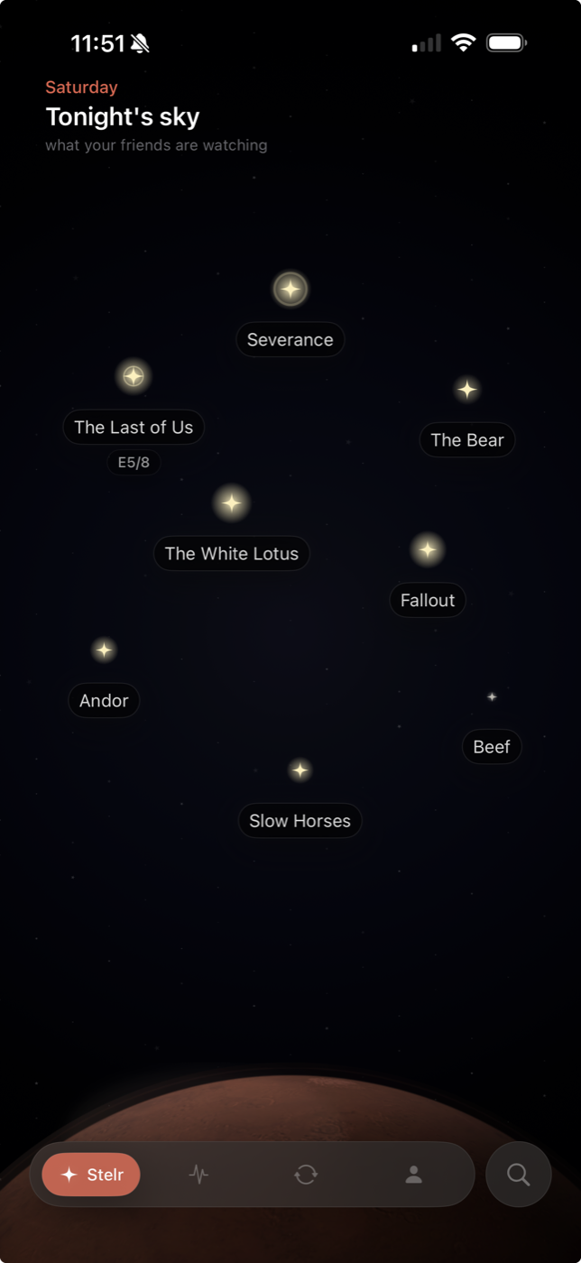 Stelr home screen with shows arranged across a night sky